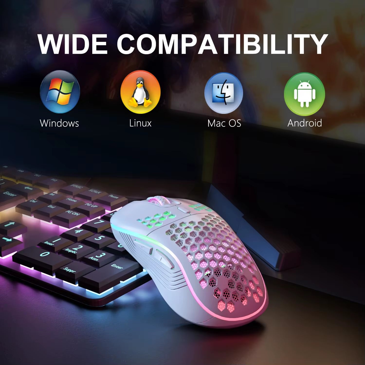 2.4GHz Wireless RGB Backlit Gaming Mouse with 6 Buttons, 3 Adjustable DPI Settings, Type-C Rechargeable, Ergonomic Honeycomb Design