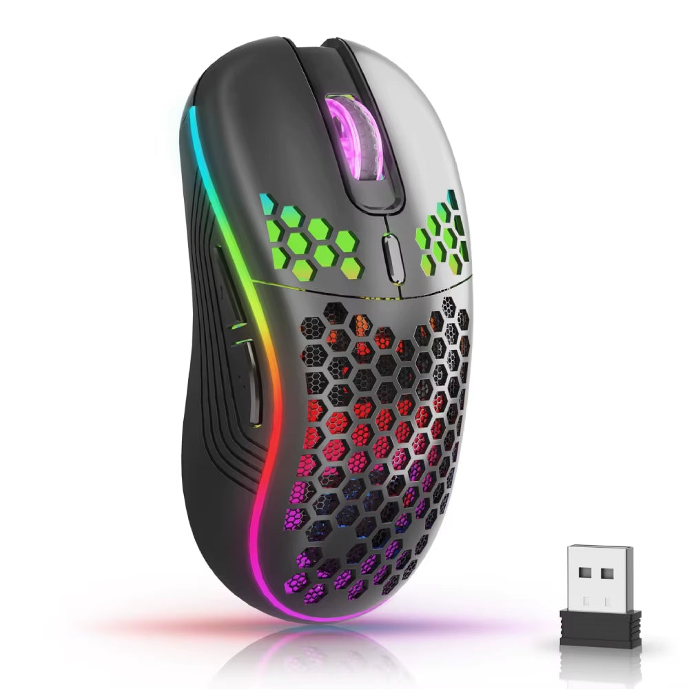 2.4GHz Wireless RGB Backlit Gaming Mouse with 6 Buttons, 3 Adjustable DPI Settings, Type-C Rechargeable, Ergonomic Honeycomb Design