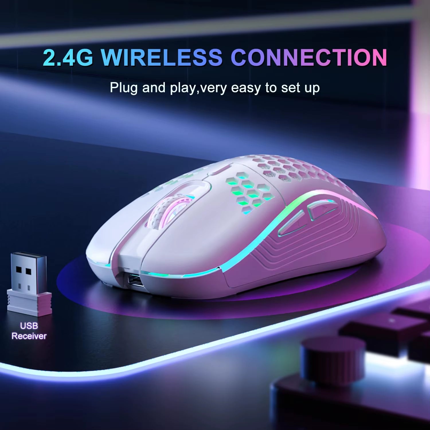 2.4GHz Wireless RGB Backlit Gaming Mouse with 6 Buttons, 3 Adjustable DPI Settings, Type-C Rechargeable, Ergonomic Honeycomb Design